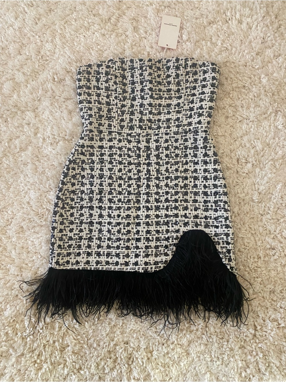 Amanda Uprichard Black and White Strapless Tweed with Feather Hem Mini Dress